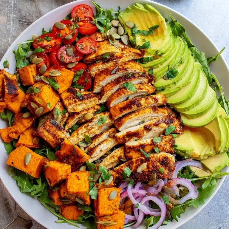 Imagine a close-up of the delicious Avocado and Sweet Potato Chicken Bowl with vibrant colors and drizzled hot honey.