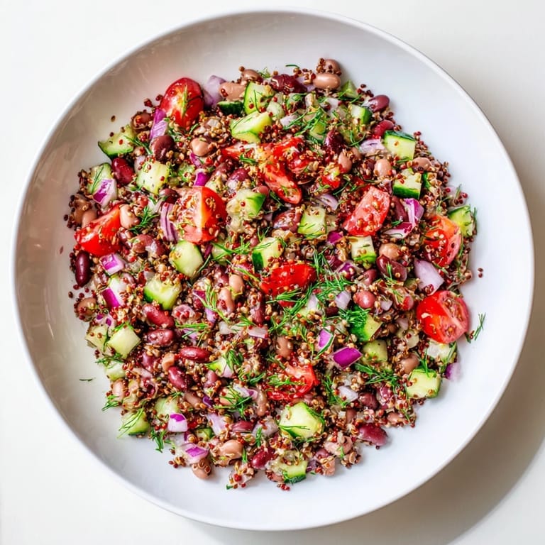 Tender chickpeas, kidney beans make a tasty dense bean salad topped with fresh herbs and dressing.