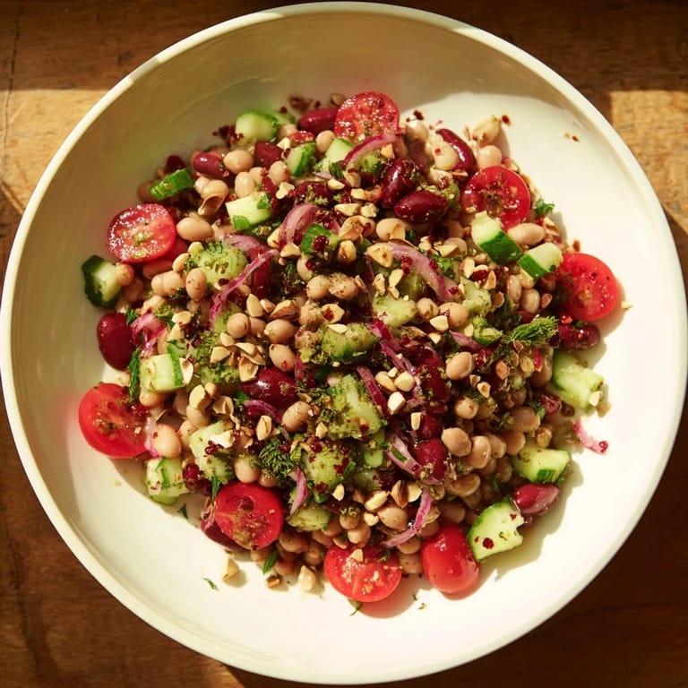 A flavorful, hearty Dense Bean Salad with Sleepy Girl dressing, perfect for a light supper.