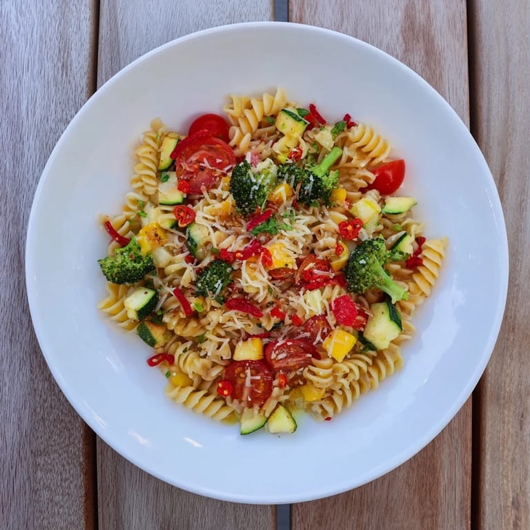 A flavorful plate of ditalini with air-fried vegetables, glistening with olive oil and parmesan cheese.