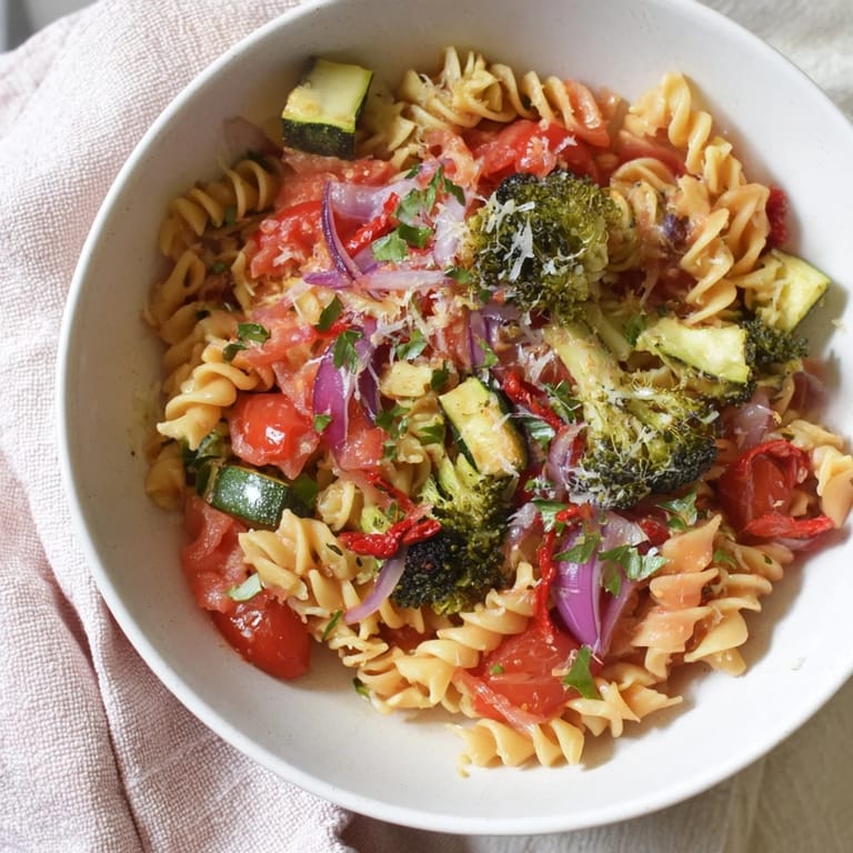 Close-up of air-fried vegetables and ditalini pasta, tossed with fresh herbs, a vegetarian delight.