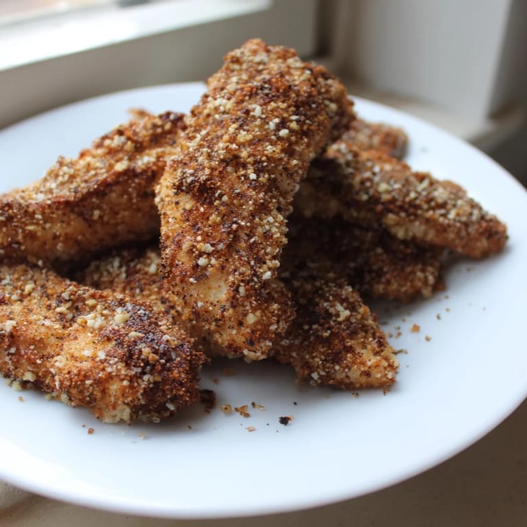 Close-up of perfectly cooked air-fried chicken tenders, with a crunchy breadcrumb coating, ready to eat.