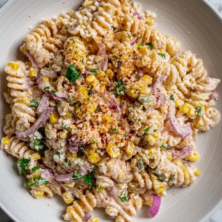 Imagine a bowl of zesty Creamy Street Corn Pasta Salad, perfect for any summer get-together.