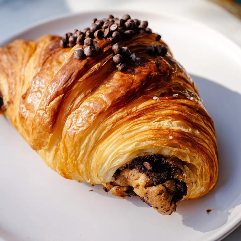 Crispy-baked American-French Chocolate Cookie Croissants, each filled generously with chocolate chip cookie dough.