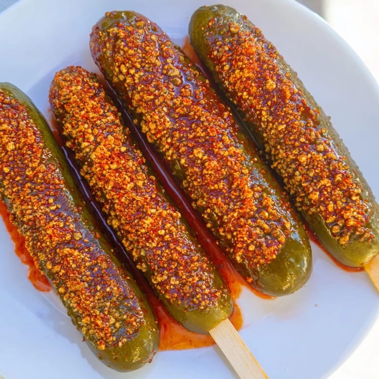 Crisp dill pickles transformed into stunning Chamoy-Tajín pickle sticks, dusted with vibrant seasoning.