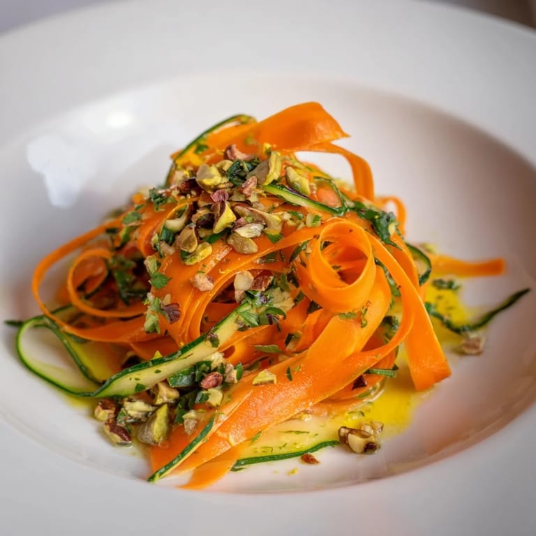 Close-up of a refreshing Citrus Carrot Ribbon Salad: colorful carrot ribbons and citrus zest.