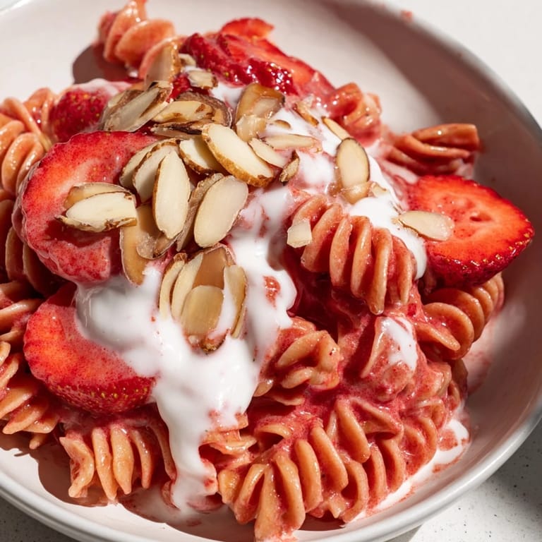Vibrant Sweet Strawberry Yogurt Pasta with fresh strawberries and a drizzle of creamy yogurt, perfect for summer.
