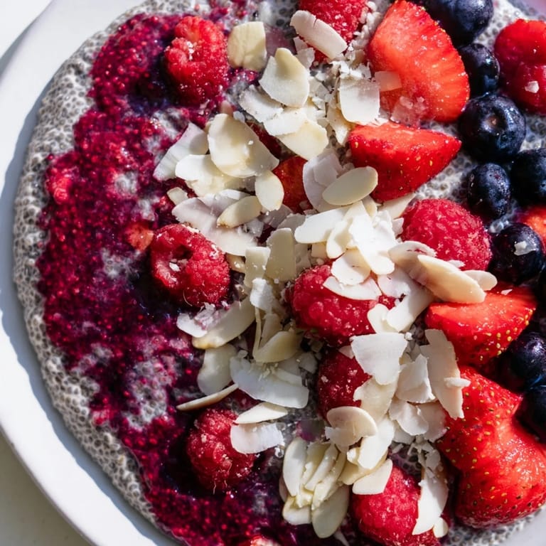 A close-up of Berry Chia Pudding, showing layers of chia seeds and juicy, mixed berries on top.