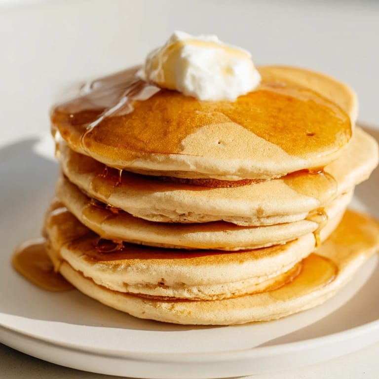 Stack of fluffy Protein Banana Pancakes, subtly sweet, with a hint of vanilla flavor.