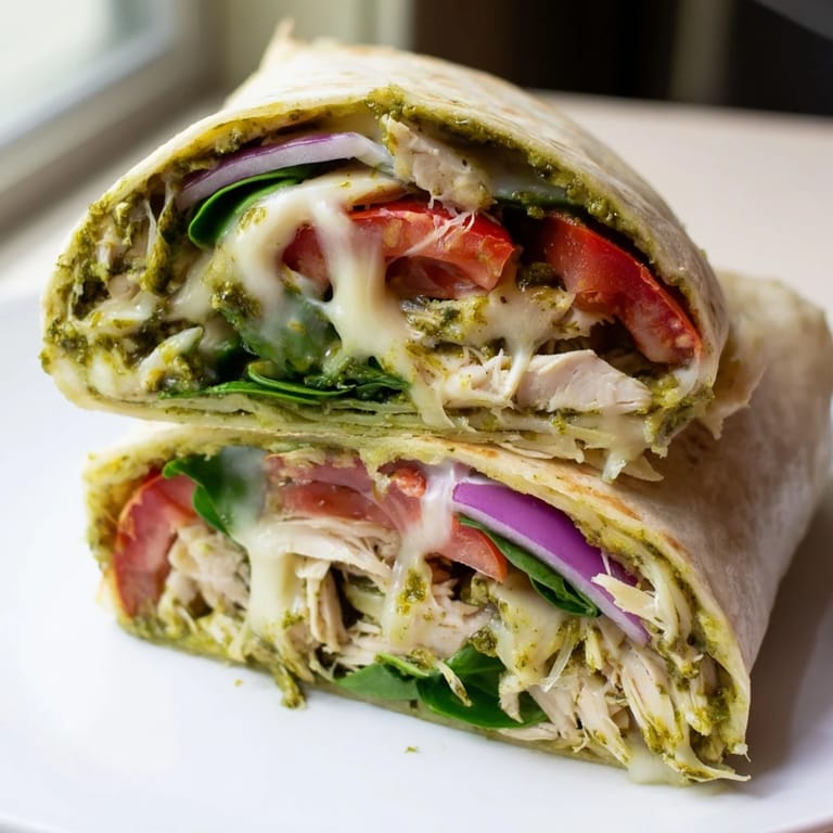 Freshly made pesto chicken wrap, offering a flavorful Mediterranean meal, ideal for a quick bite.