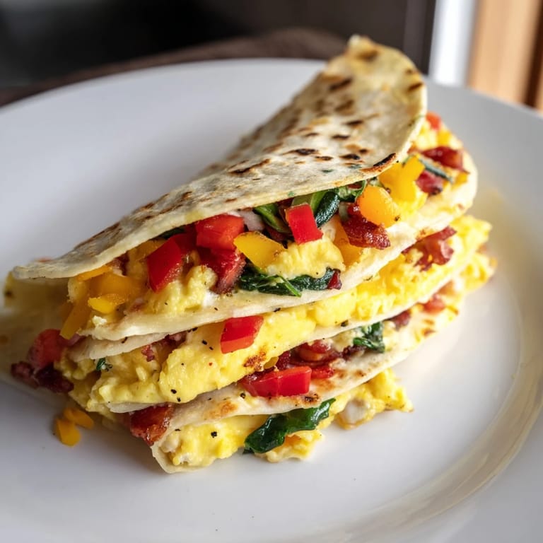 A close-up shot of a perfectly folded Breakfast Quesadilla Hack, ready to be enjoyed warm.