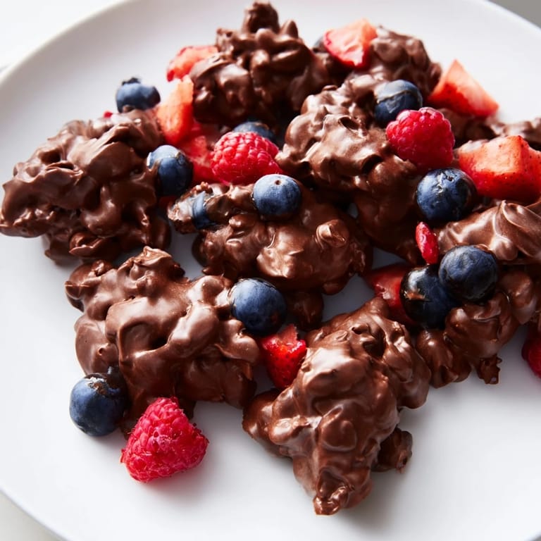 Close-up of frozen chocolate yogurt clusters, showing the vibrant berries after chocolate dipping.