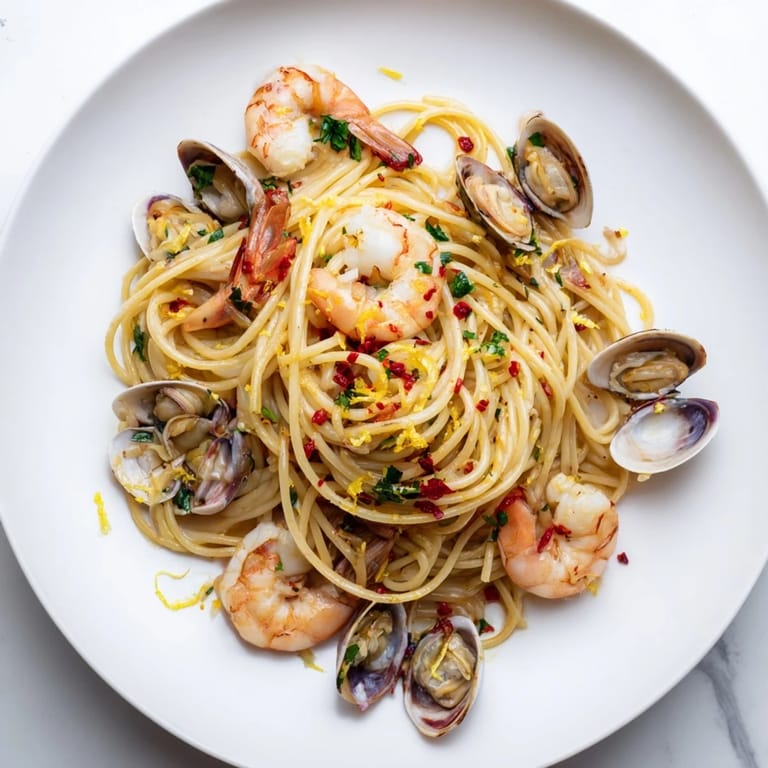 A beautiful bowl of Seafood Pasta Aglio e Olio; the garlic oil coats the perfectly cooked pasta.
