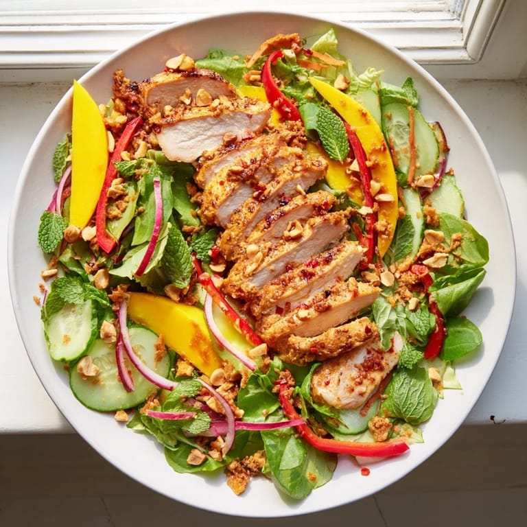 This colorful Thai Mango Chicken Salad features sliced chicken and a tangy, zesty lime dressing.