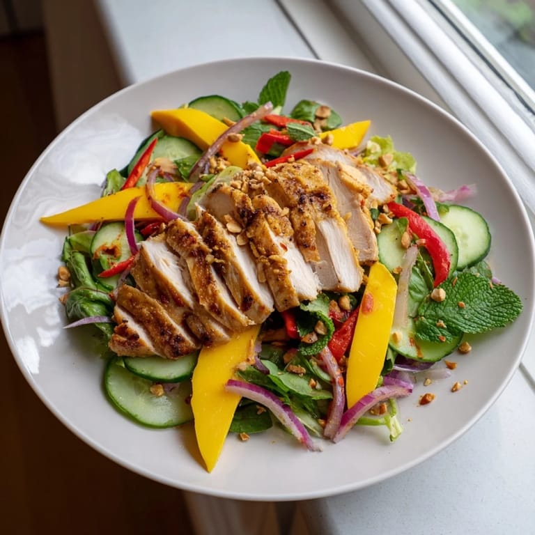 Enjoy a refreshing bite of Thai Mango Chicken Salad, a perfect blend of sweet, savory, and spicy flavors.