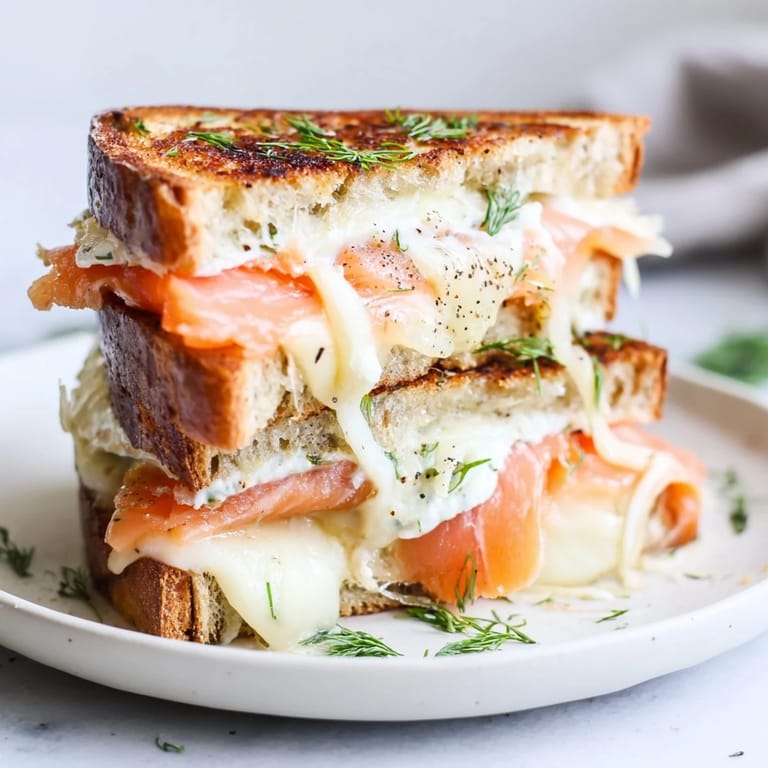 Creamy, savory Smoked Salmon Grilled Cheese, fresh dill visible between golden brown sourdough slices.