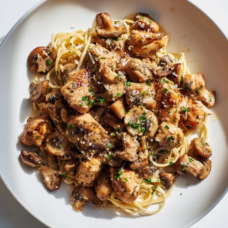 Savor the delicious Creamy Mushroom Chicken Pasta, with tender chicken and creamy sauce over pasta.