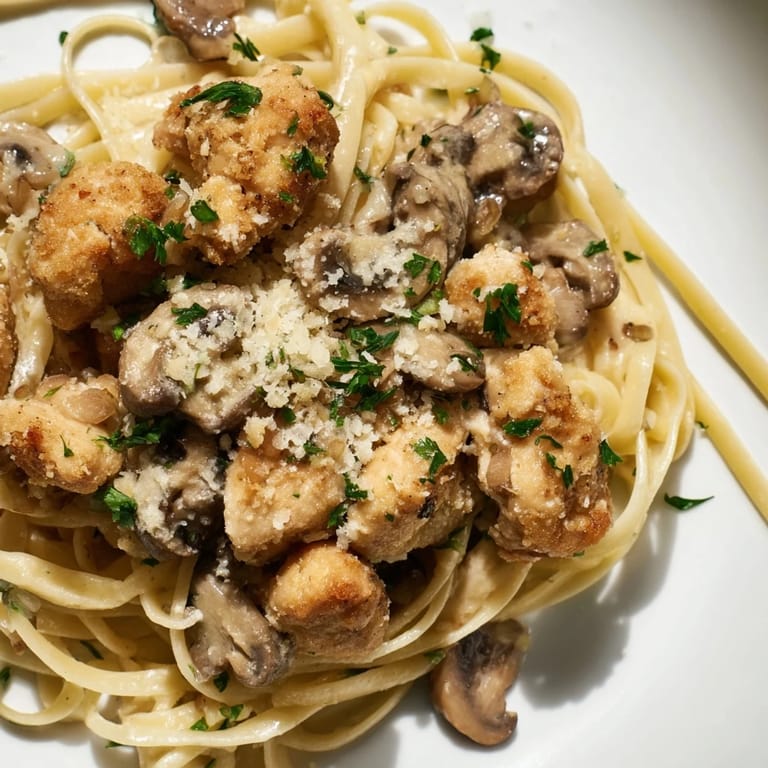 This photo features a luscious bowl of Creamy Mushroom Chicken Pasta, topped with fresh parsley.