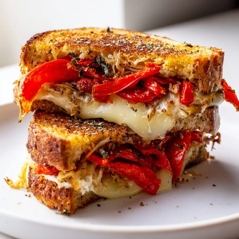 The warm, toasted bread of a Roasted Red Pepper Grilled Cheese, with sweet peppers and bubbly cheese.