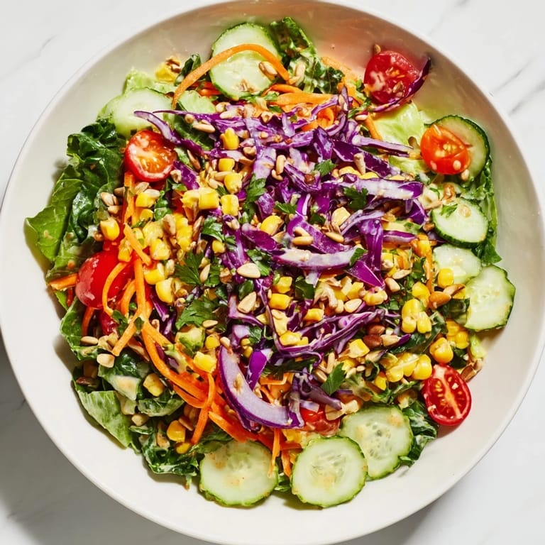 A bright top-down shot of Rainbow Salad, showcasing a healthy, vegan meal, perfect side dish.