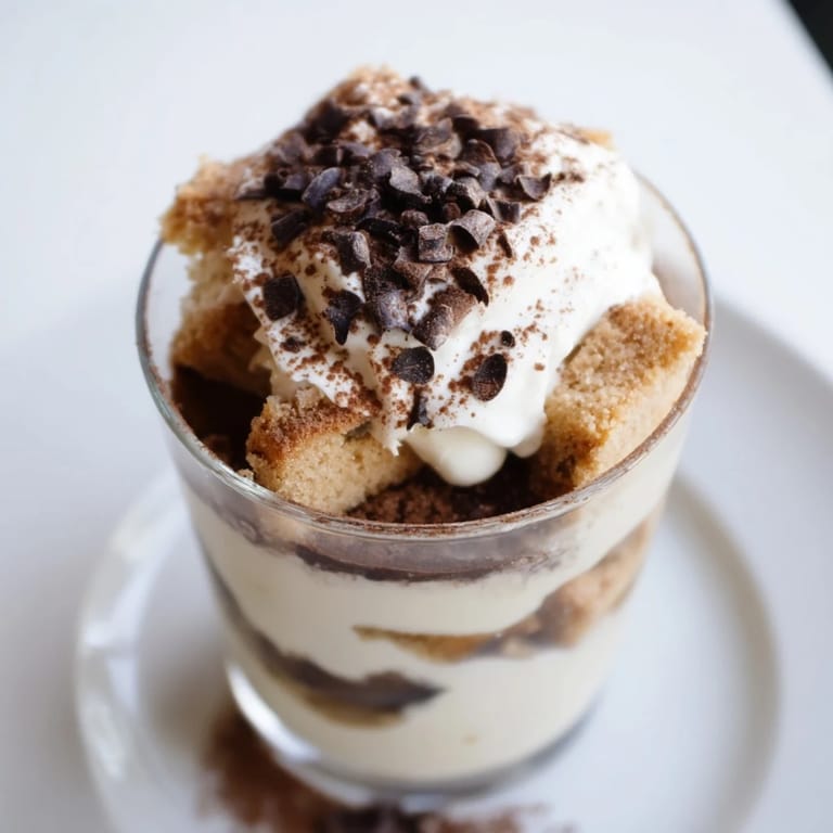 Close-up of elegant Deconstructed Tiramisu Shots, showcasing espresso-soaked ladyfingers & mascarpone cream.