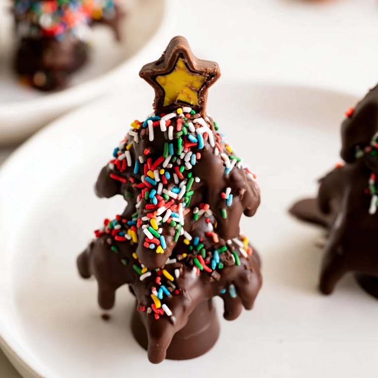 Melted chocolate drizzled over festive Chocolate Kinder Christmas Trees, ready for a delicious holiday treat.