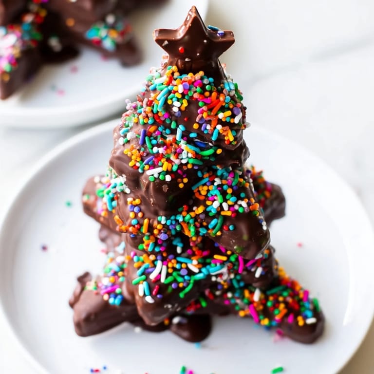 Close-up of yummy Chocolate Kinder Christmas Trees with star decorations, ideal for kids' festive baking.