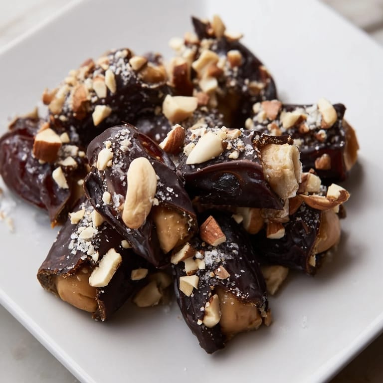 Enjoy the tempting textures of Date Bark Snickers-Style: dates, chocolate coating, and chopped peanuts.