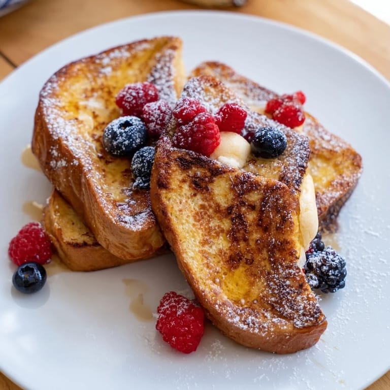 Fluffy Ice Cream French Toast, a delightful brunch, served with fresh berries and powdered sugar.
