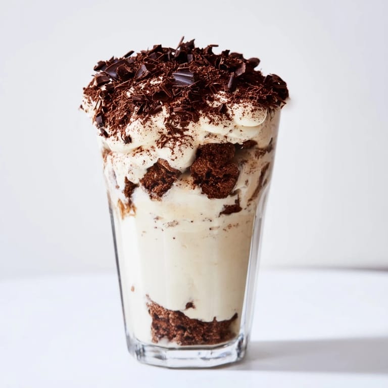 Rich flavors unite: creamy Tiramisu Latte features chocolate shavings over a layered coffee masterpiece.