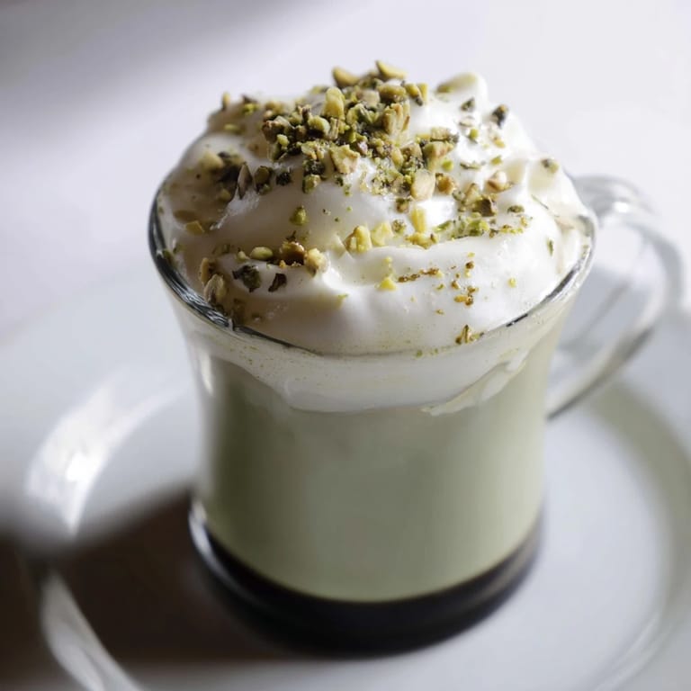 Enjoy a visually stunning pistachio latte photo with fluffy cold foam sprinkled with chopped pistachios.