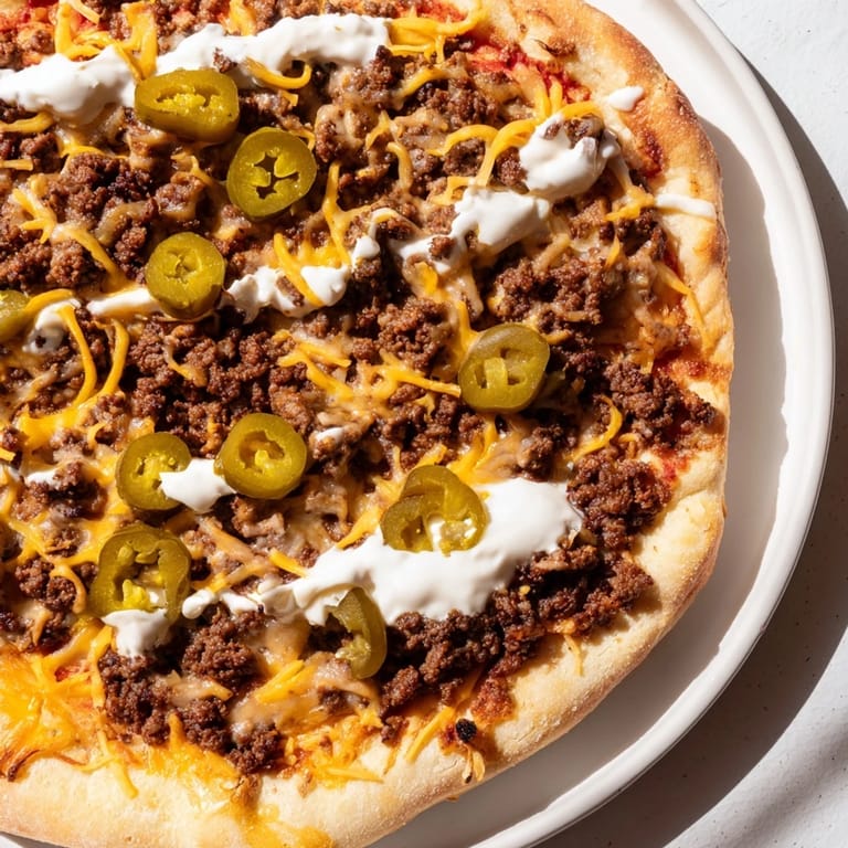 Golden crust supports a generous topping of ground beef, cheese and jalapeños in this Taco Pizza.
