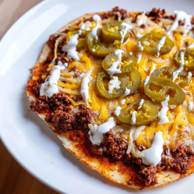 Warm, appetizing Ground Beef Taco Pizza drizzled with sour cream, promising delicious Tex-Mex flavors.