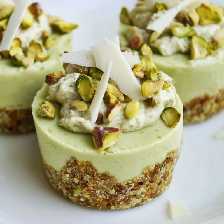 These mini Pistachio Cheesecake Bites are perfect, showcasing a smooth filling and pistachio garnish on top.