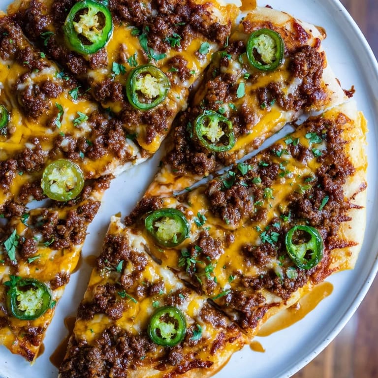 Homemade spicy ground beef pizza base topped with melty cheese and drizzled hot honey.