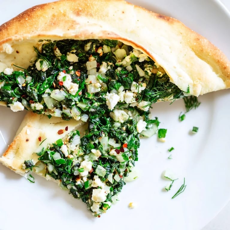 A close-up of a sizzling Turkish Spinach & Feta Flatbread, ready for serving with fresh herbs.