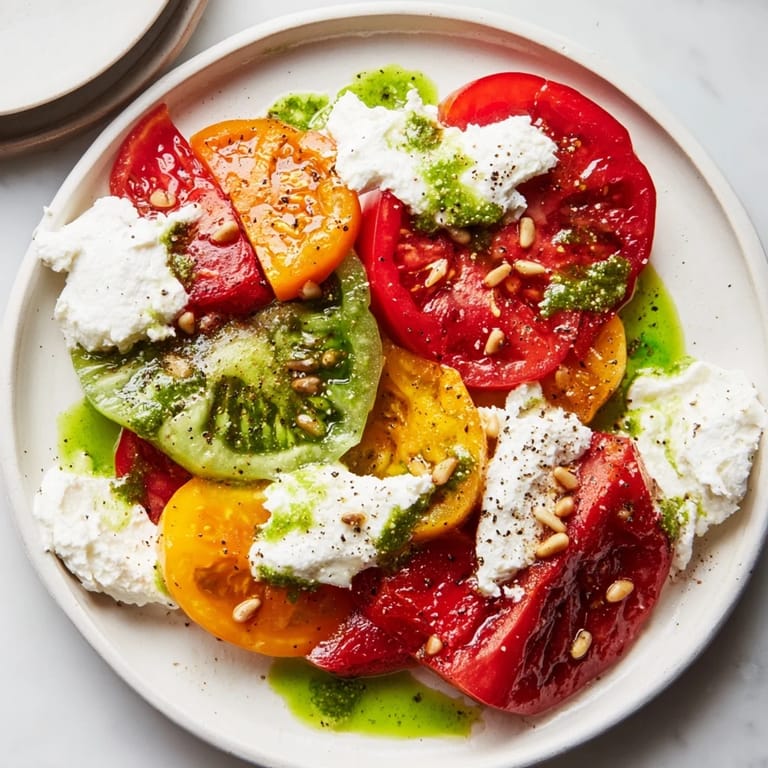 A close look at an Heirloom Tomato Salad Board featuring colorful tomatoes, torn burrata, and toasted pine nuts for garnish.