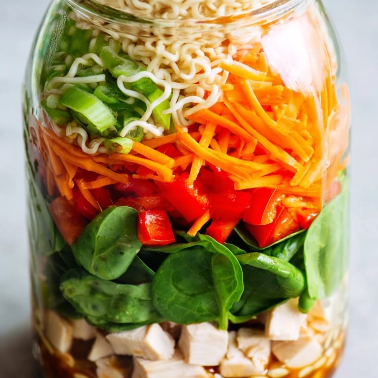 Mason Jar Noodle Meal Prep features layered ramen, crisp veggies, and chicken with a sesame-soy sauce for easy lunches.