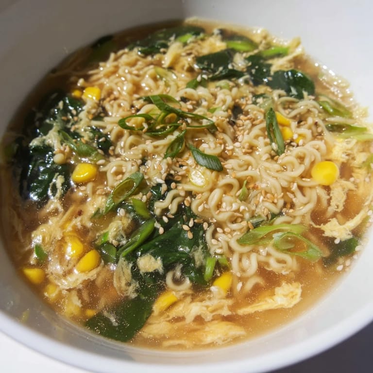 Spooning into a steaming serving of Elevated Ramen Egg Drop Soup, garnished with sesame seeds and black pepper for extra flavor.