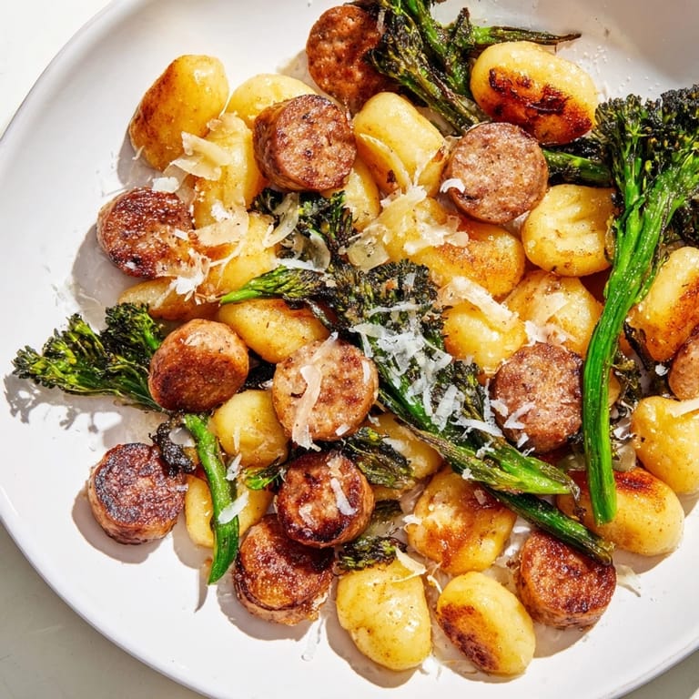 A single-pan meal featuring roasted gnocchi, Italian sausage, and broccolini, perfect for a quick, hearty weeknight dinner.