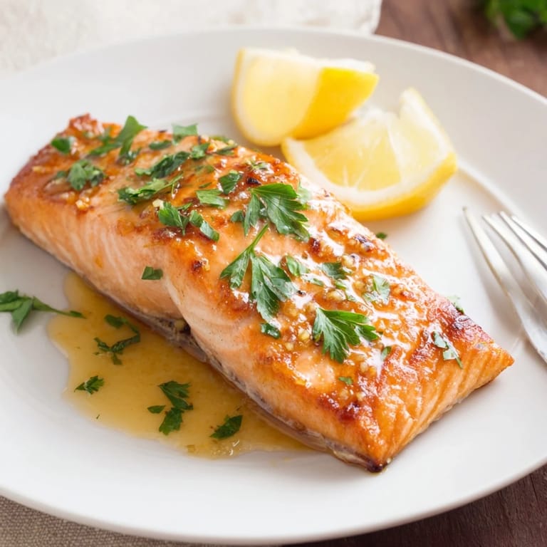 A close-up of Honey Garlic Glazed Salmon, featuring tender flaky fish and a sticky, savory-sweet glaze pooling around the fillets.