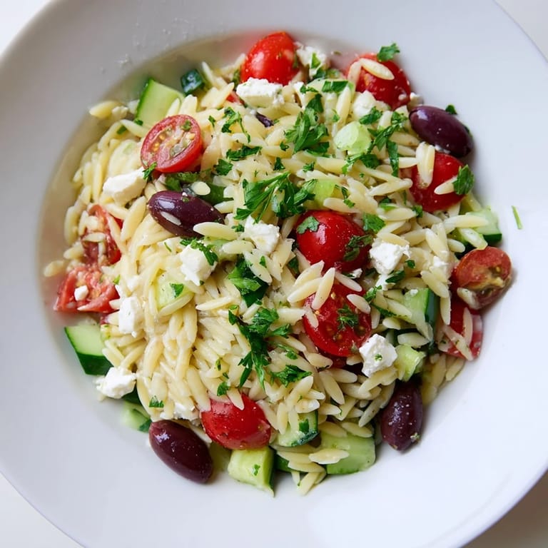 Bright Greek Orzo Salad served in a white bowl, showcasing red onion, Kalamata olives, and fresh herbs on a picnic table.
