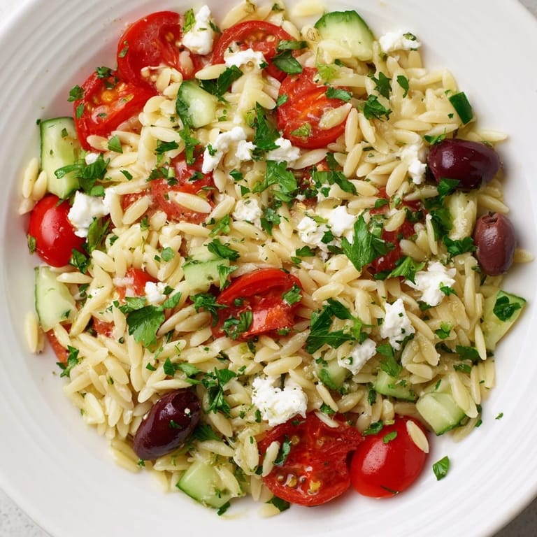 Close-up of Greek Orzo Salad showing fork-tender pasta, diced vegetables, and feta, glistening with zesty lemon-oregano vinaigrette.