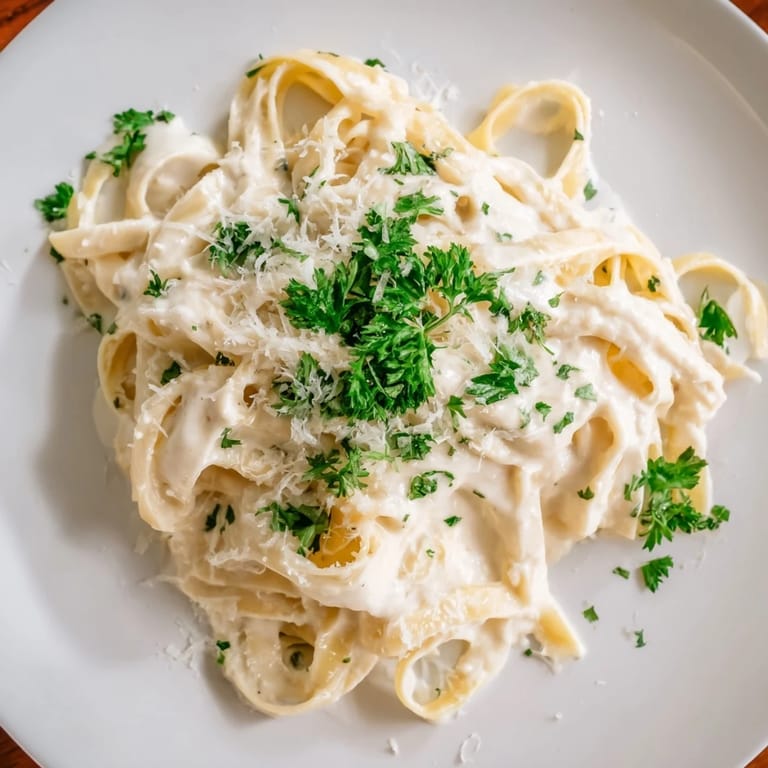 Homemade Roasted Cauliflower Alfredo plated alongside garlic bread, ready to enjoy for a vegetarian weeknight meal.