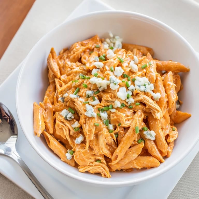 Tender shredded chicken blends with penne, melted mozzarella, and tangy buffalo wing sauce in this comforting dish.