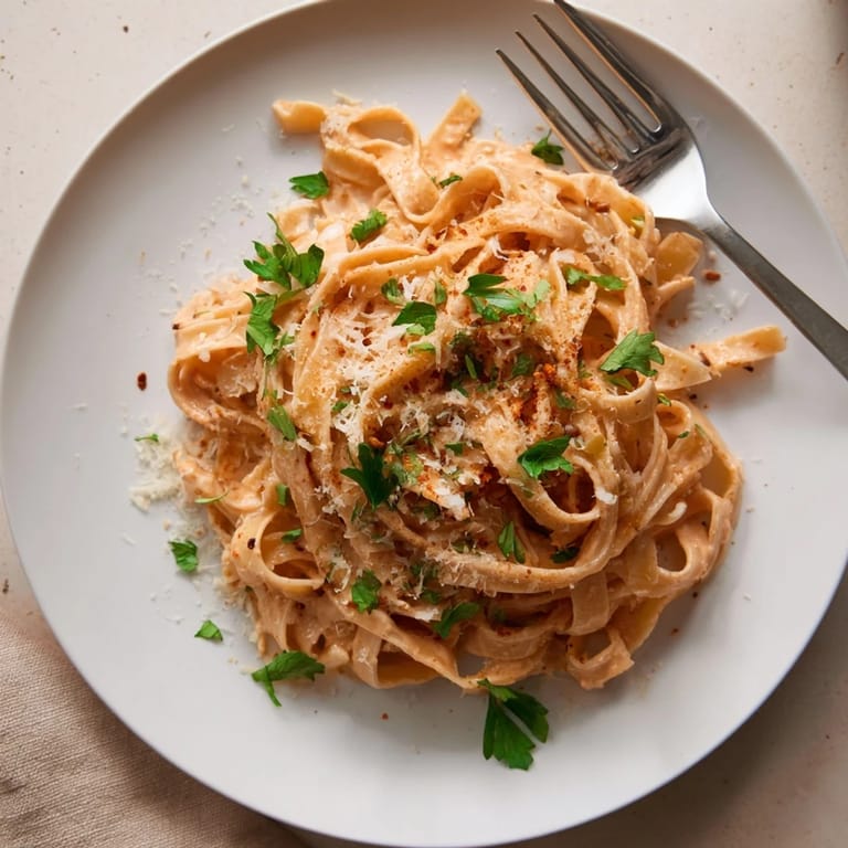Forkful of Sriracha Honey Pasta with a sprinkle of red pepper flakes and parsley on a rustic plate.