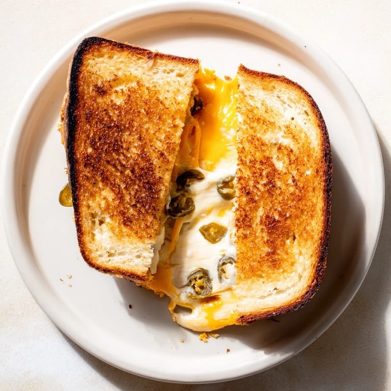Homemade Cheddar Jalapeño Grilled Cheese with crispy golden crust and spicy cheese filling, perfect for a quick vegetarian lunch.