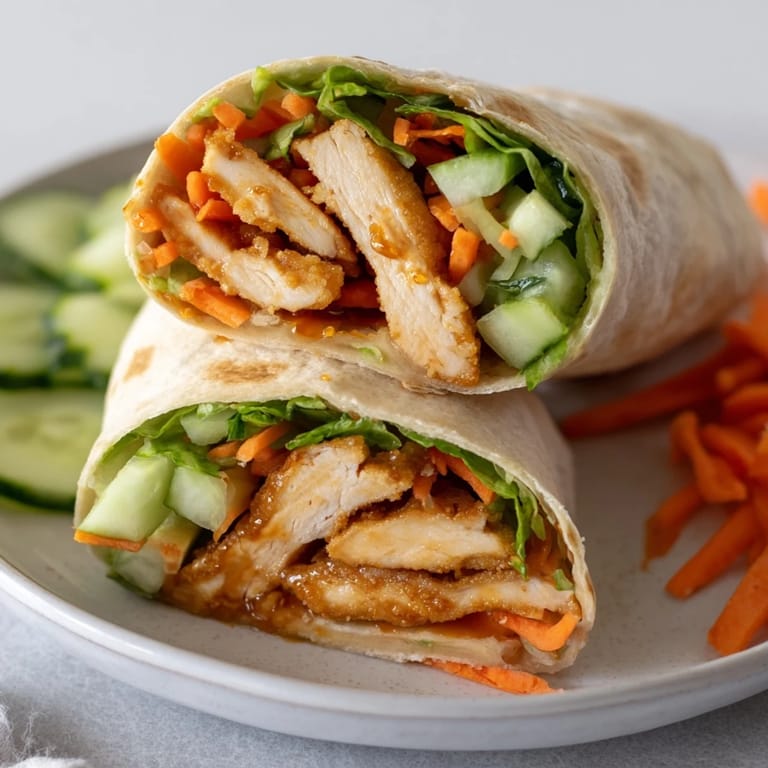 A sliced Honey Chili Crunch Chicken Wrap reveals layers of colorful vegetables and a glossy, sweet–spicy sauce.