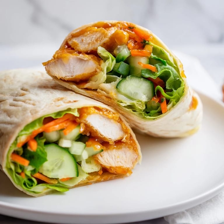 Close-up of a Honey Chili Crunch Chicken Wrap served on a plate, garnished with fresh scallions and carrots.