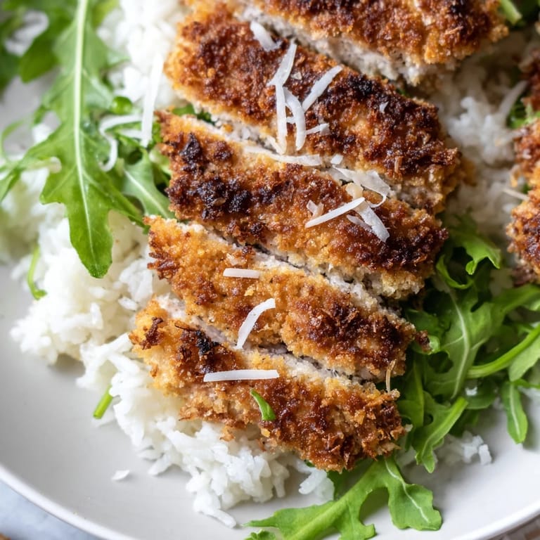 Sliced, panko-crusted chicken cutlets fanned over a warm rice bowl with fresh greens.